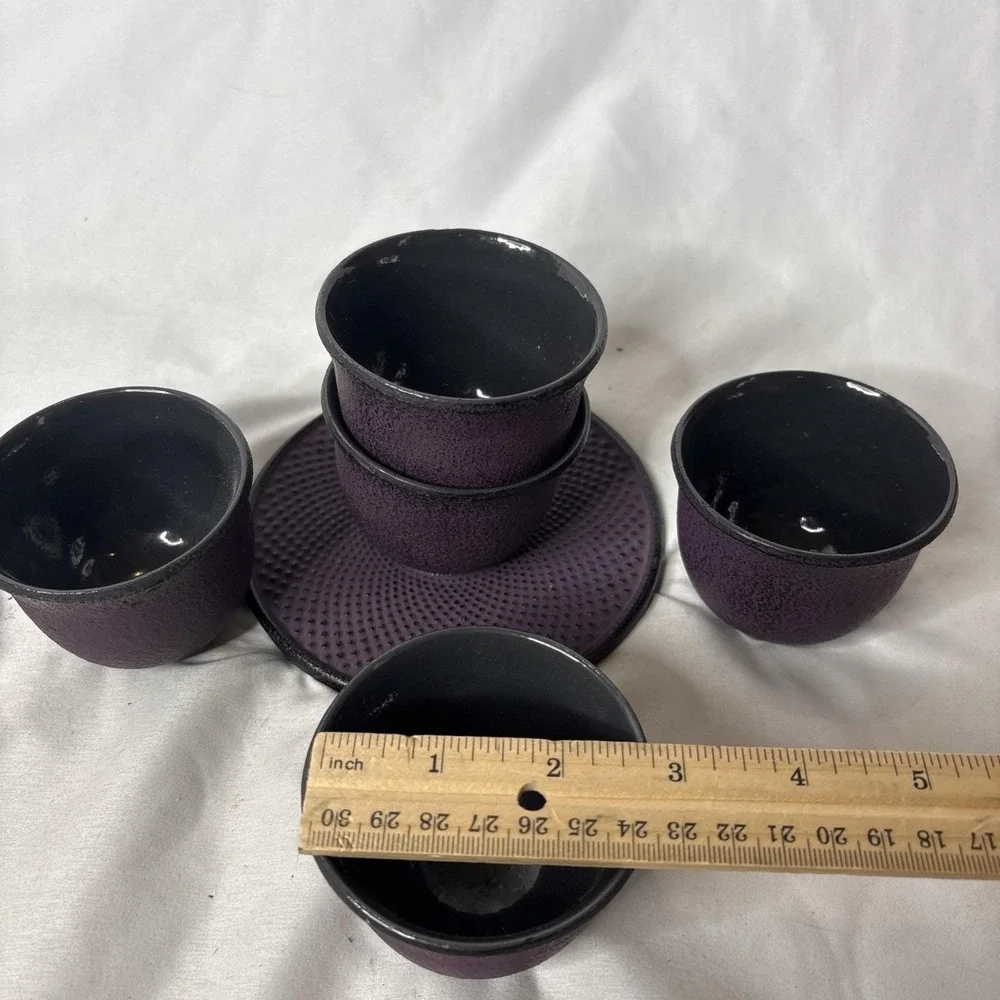 Vtg Purple Hobnail Cast Iron Japanese Tetsubin Teacup Set 5 Cups 1 Saucer
